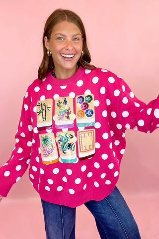 Queen Of Sparkles Hot Pink & White Polka Dot Mahjong Tile Sweater