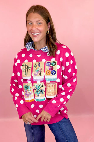 Queen Of Sparkles Hot Pink & White Polka Dot Mahjong Tile Sweater