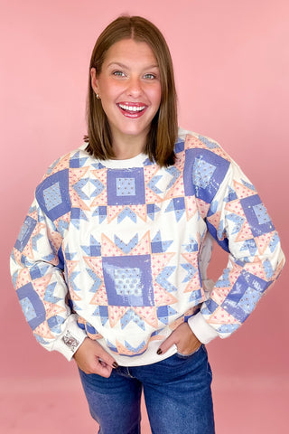 Queen Of Sparkles Ivory, Blue, Pink Patchwork Sweatshirt