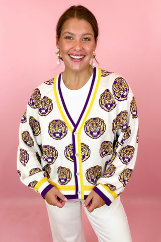 Queen Of Sparkles LSU Knit Mascot Rhinestone Cardigan