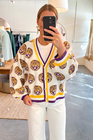 Queen Of Sparkles LSU Knit Mascot Rhinestone Cardigan