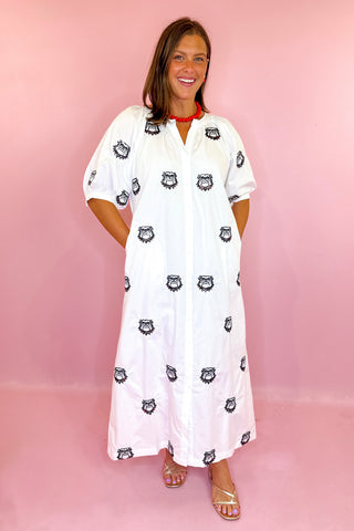 Queen Of Sparkles Licensed UGA White Scattered Mascot Midi Button Up Dress