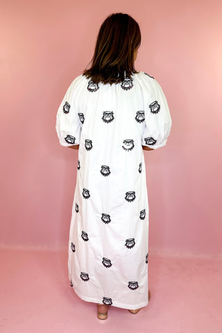 Queen Of Sparkles Licensed UGA White Scattered Mascot Midi Button Up Dress