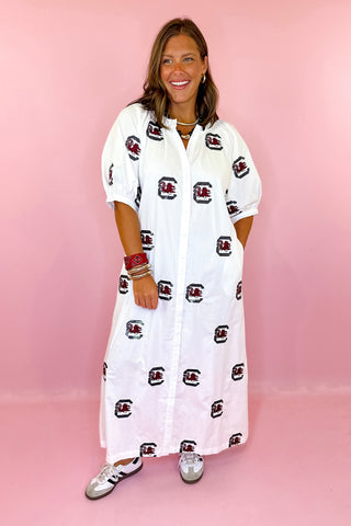 Queen Of Sparkles: Licensed USC White Scattered Mascot Midi Button Up Dress