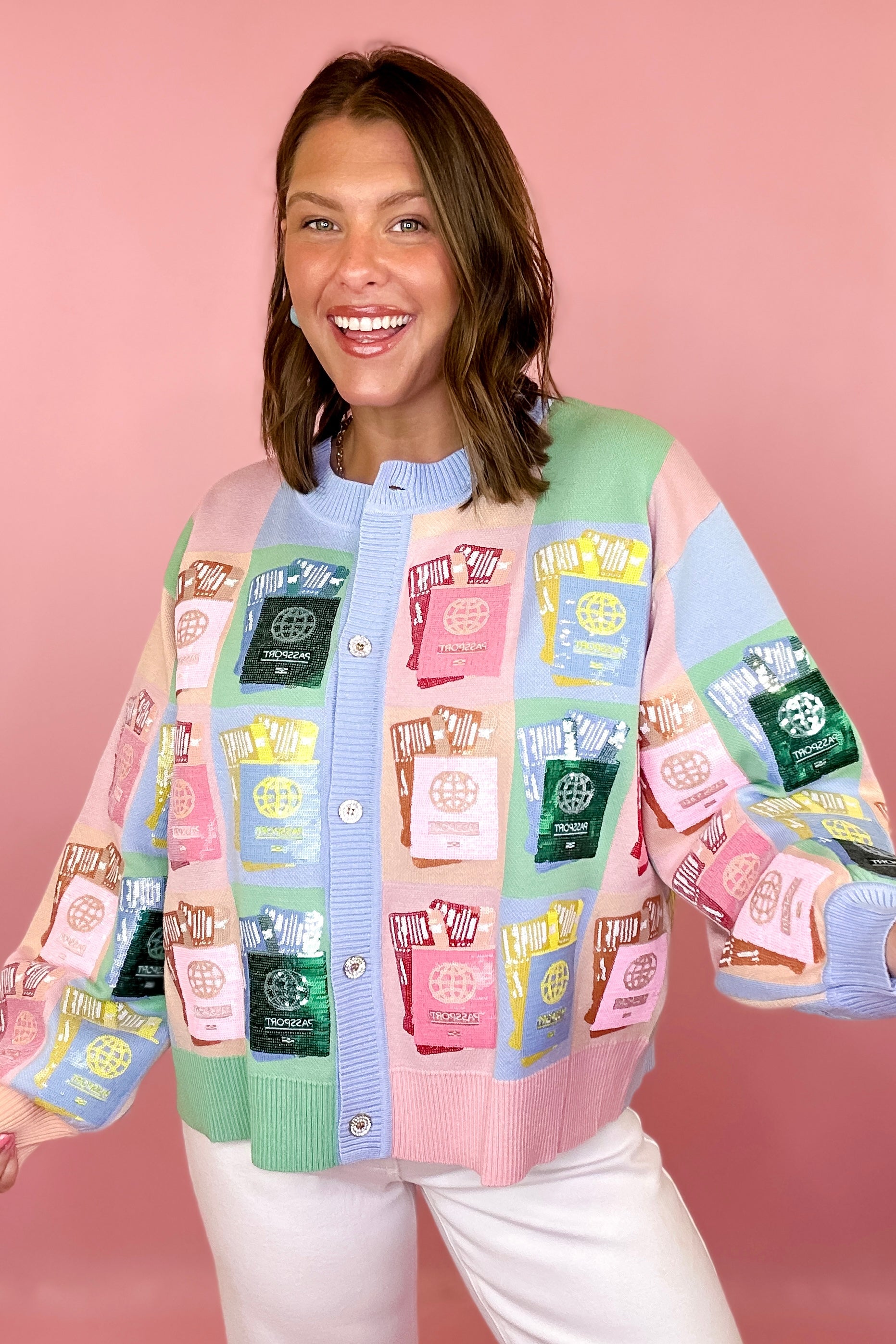 Queen Of Sparkles: Multi Colorblock Passport Button Up Cardigan