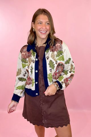 Navy Trim Button Up Turkey Leaf Acorn Button Up Cardigan