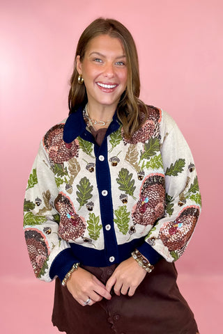 Navy Trim Button Up Turkey Leaf Acorn Button Up Cardigan