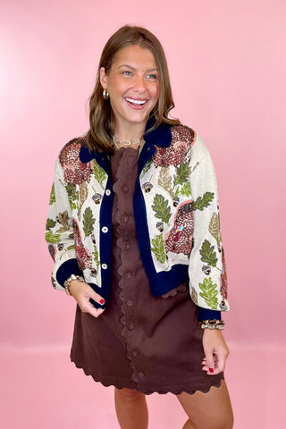 Navy Trim Button Up Turkey Leaf Acorn Button Up Cardigan