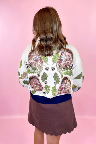 Navy Trim Button Up Turkey Leaf Acorn Button Up Cardigan