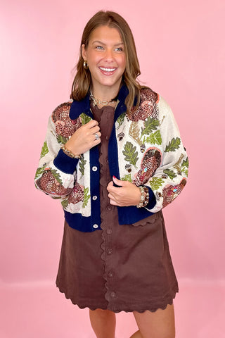 Navy Trim Button Up Turkey Leaf Acorn Button Up Cardigan