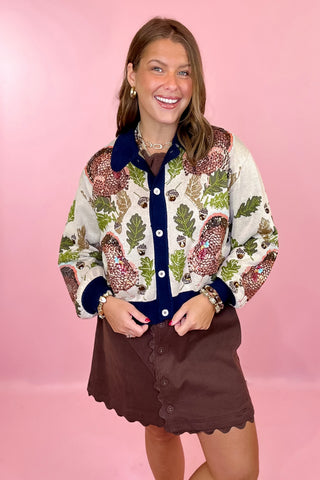 Navy Trim Button Up Turkey Leaf Acorn Button Up Cardigan