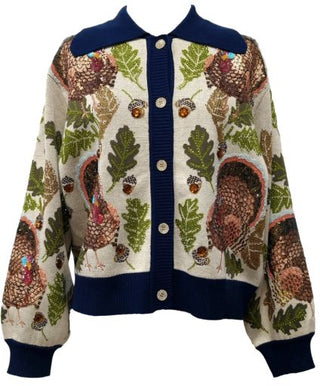 Navy Trim Button Up Turkey Leaf Acorn Button Up Cardigan