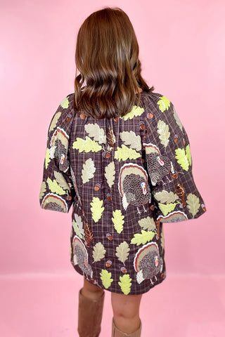 Plaid Turkey Leaves Button Up Long Sleeve Dress