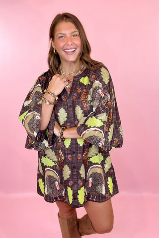 Plaid Turkey Leaves Button Up Long Sleeve Dress