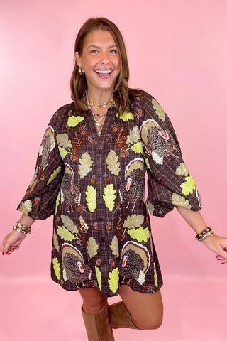 Plaid Turkey Leaves Button Up Long Sleeve Dress