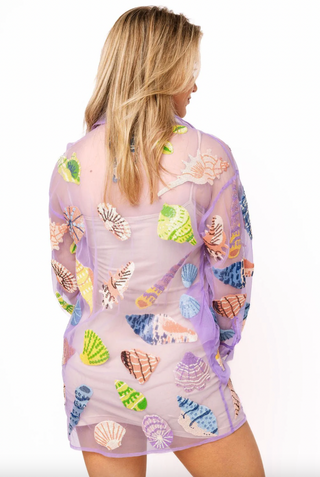 Queen Of Sparkles Purple Sheer Multi Sea Shell Button Up Coverup