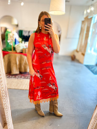 Queen Of Sparkles Red Bucking Cowgirl Fringe Bottom Midi Tank