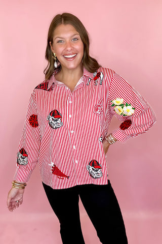 Queen Of Sparkles UGA Mini Icon Striped Button Down Long Sleeve Top