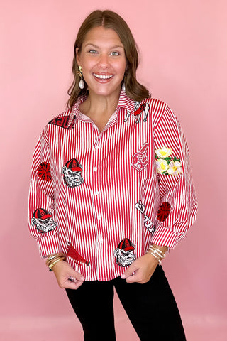 Queen Of Sparkles UGA Mini Icon Striped Button Down Long Sleeve Top