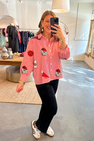 Queen Of Sparkles UGA Mini Icon Striped Button Down Long Sleeve Top