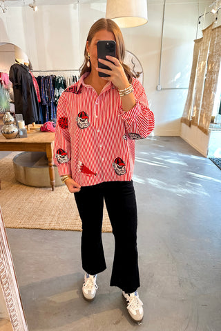 Queen Of Sparkles UGA Mini Icon Striped Button Down Long Sleeve Top