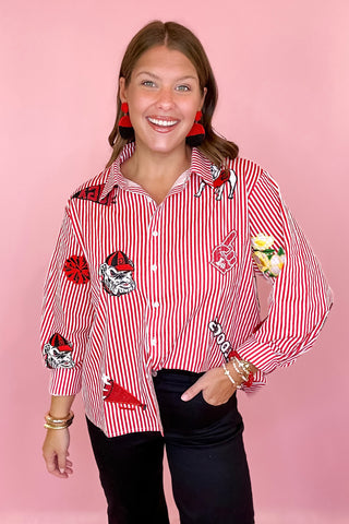 Queen Of Sparkles UGA Mini Icon Striped Button Down Long Sleeve Top