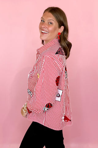 Queen Of Sparkles UGA Mini Icon Striped Button Down Long Sleeve Top