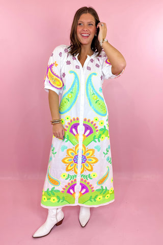 Queen Of Sparkles White & Neon Paisley Button Up Cotton Midi Dress