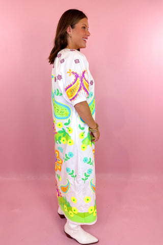 Queen Of Sparkles White & Neon Paisley Button Up Cotton Midi Dress