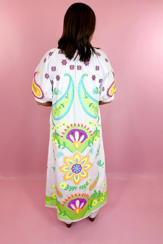 Queen Of Sparkles White & Neon Paisley Button Up Cotton Midi Dress