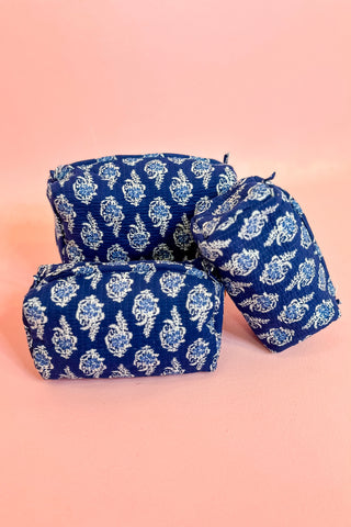 Quilted Cosmetic Bag Set Navy Water Print