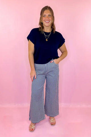 Gingham Straight Leg Pants Navy