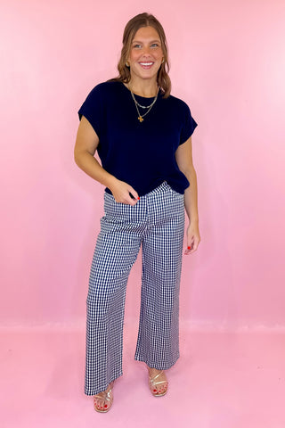 Gingham Straight Leg Pants Navy