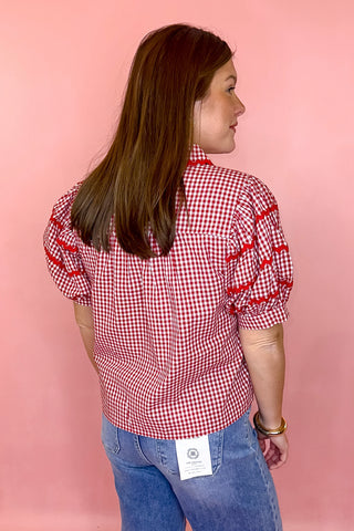 Red gingham button down top with puff sleeves