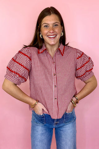 Red gingham button down top with puff sleeves