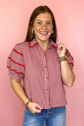 Red gingham button down top with puff sleeves