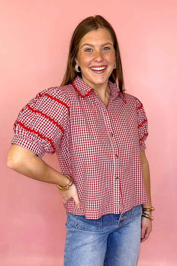 Red gingham button down top with puff sleeves