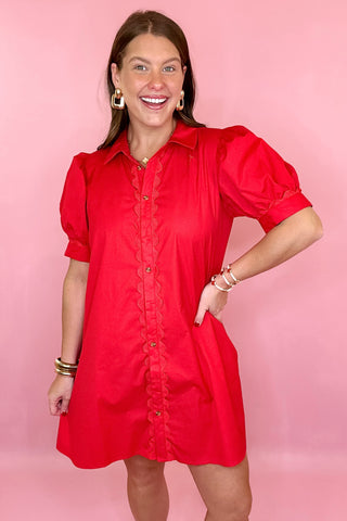 Red Scallop Button Front Dress Grand Millennial Coastal Chic