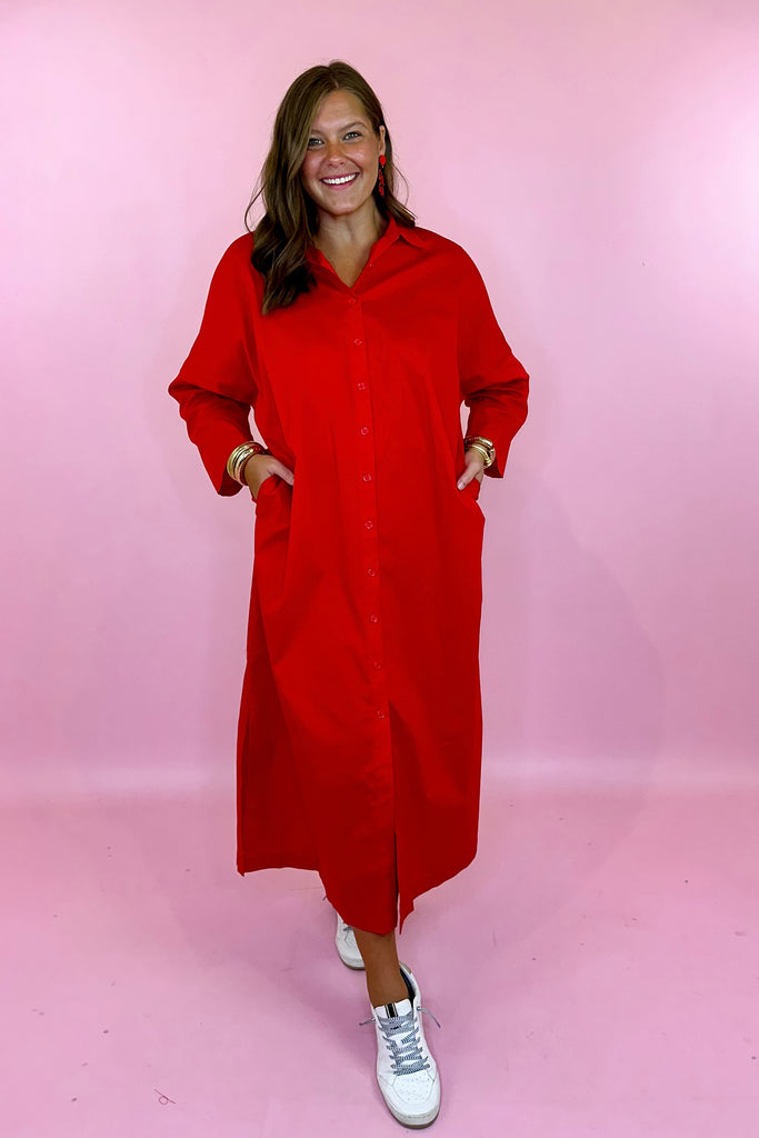 Red button down shirt dress