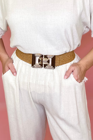 Ribbed Rectangle Raffia Belt Cognac