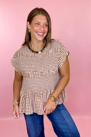 Scout It Out Gingham Smocked Top Taupe