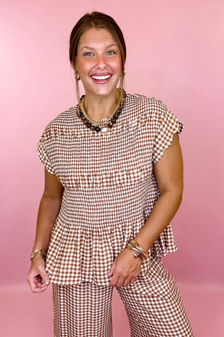 Scout It Out Gingham Smocked Top Taupe