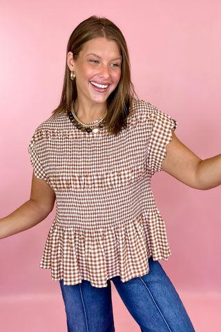 Scout It Out Gingham Smocked Top Taupe