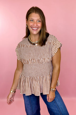 Scout It Out Gingham Smocked Top Taupe