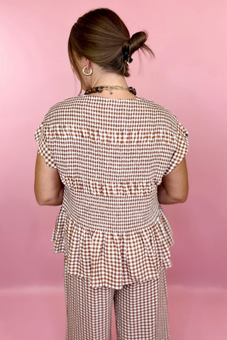 Scout It Out Gingham Smocked Top Taupe