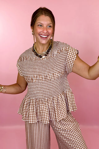 Scout It Out Gingham Smocked Top Taupe