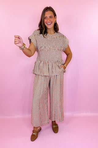 Scout It Out Gingham Wide Leg Pant Taupe