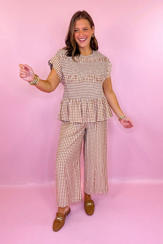 Scout It Out Gingham Wide Leg Pant Taupe