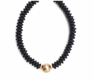 Wooden Bead & Gold Ball Necklace - Black
