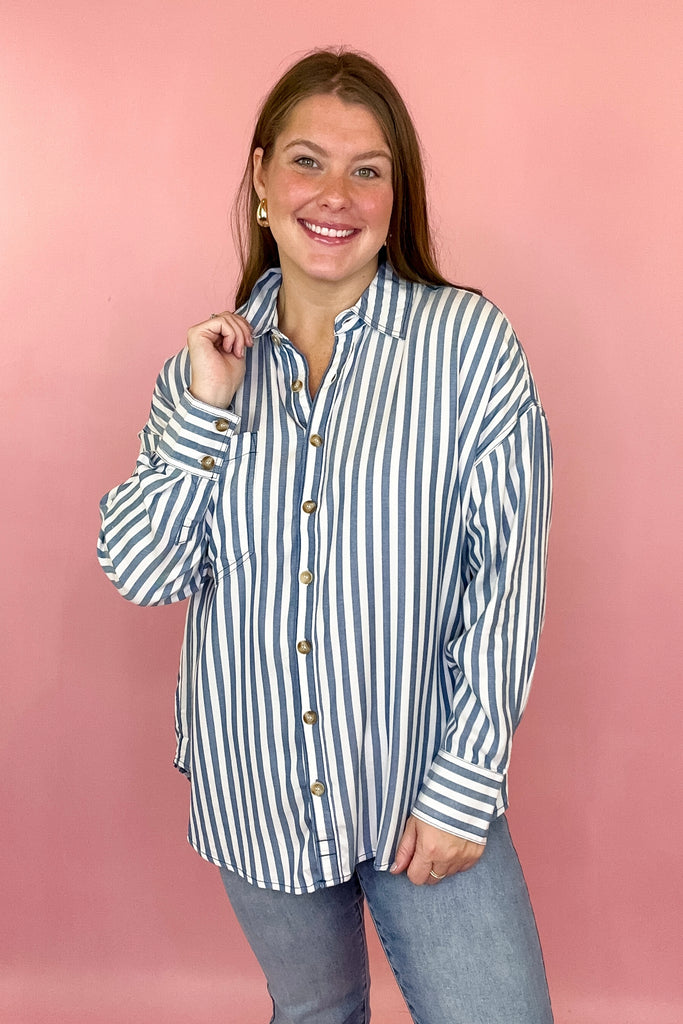 blue striped oversized button down